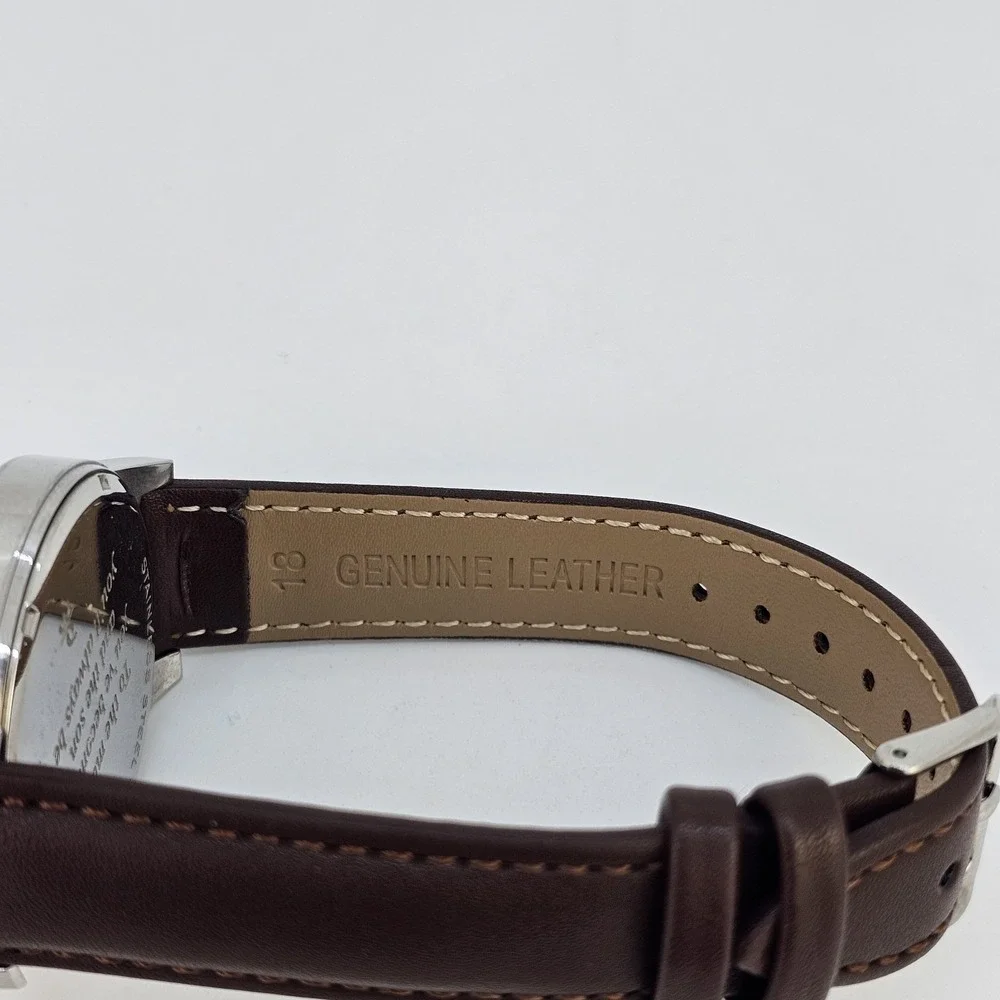 Men's Watch 40MM White Dial Day Date New Brown Leather Bands‎ New Battery